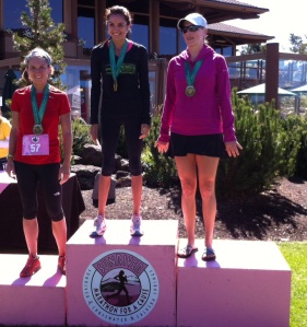 On the podium (far left) with my friend, and super-fast runner, Charmion in the middle (she finished 2nd woman overall)
